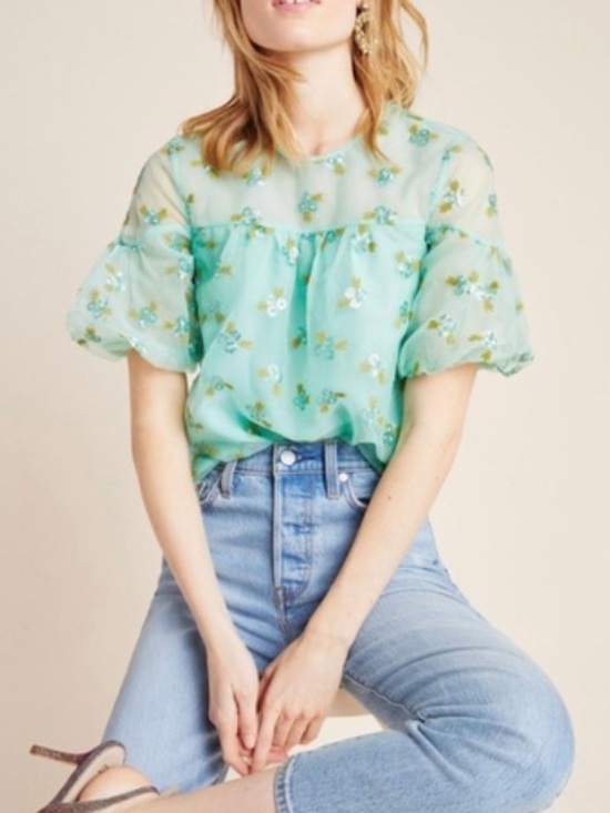 Anthropologie Sabine Beaded Sequin Mint Green Embroidered Puff Sleeve Blouse - Picture 2 of 11